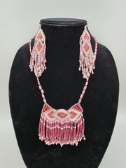 Handmade Glass Seed Bead Bib Style Necklace & Earrings Pink & White Vintage