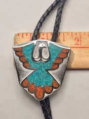 VTG Bennett Thunderbird Bolo Tie Turquoise Coral SW Native American Style