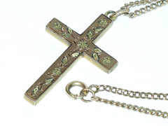 Mid Victorian English Cut & Applied 10K Rose & Green Gold Top Cross~HFB Co Chain
