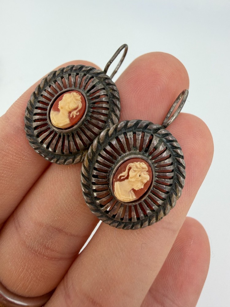 Vintage Earrings Cameo Sterling Silver Medallion Dangle Signed