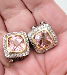 Vintage Crystal CZ Pink Topaz Gold & Silver Tone Detail Earrings & Pendant Set