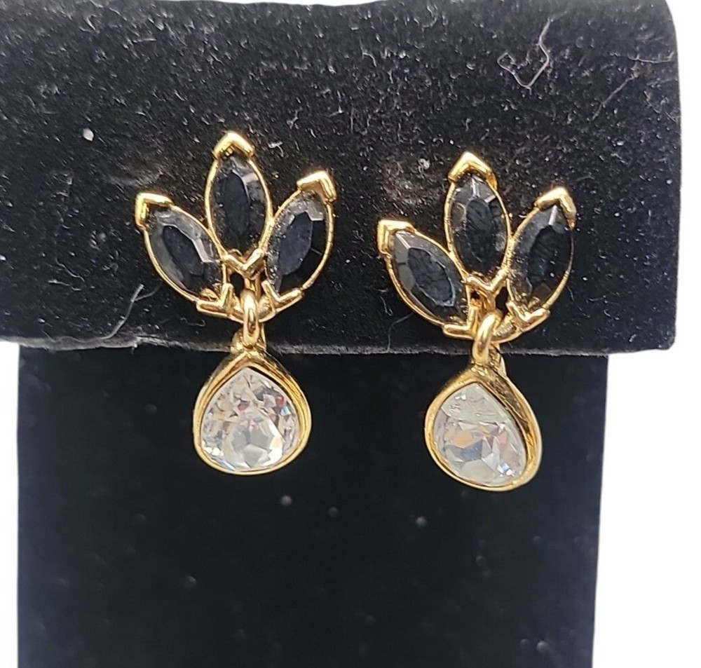 Trifari Clip On Earrings Black & Clear Dangling 1990s Vintage Gold Tone