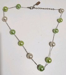Vtg Kissaka Faux Pearl Necklace Green White Pearls Silver Toned Chain 19” Signed
