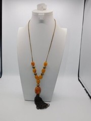 B595-VINTAGE NECKLACE~LUCITE AMBER BEADS/CORDED~26″