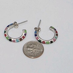 Vintage 925 Sterling Silver Multicolor Inlay Hoop Earrings 21mm Southwest Boho