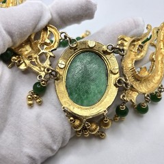 VTG Designer Dragon Statement Necklace, Gold-Tone Metal with Faux Jade Beads