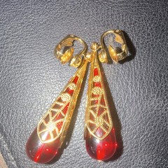 Avon Vintage Clip-On Red Lucite Drop Goldtone Filigree Dangly