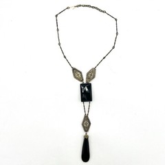 Antique 1920s Art Deco Black Filigree Drop Necklace-Elegant Flapper Lavalier