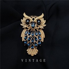 Blue Rhinestone Owl Vintage Brooch Gold Tone Animal Pin Cute Owl Pin