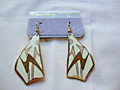 VINTAGE SAMUEL HUANG CLOISONNE RETRO ABSTRACT GRAY PINK & CREAM EARRINGS