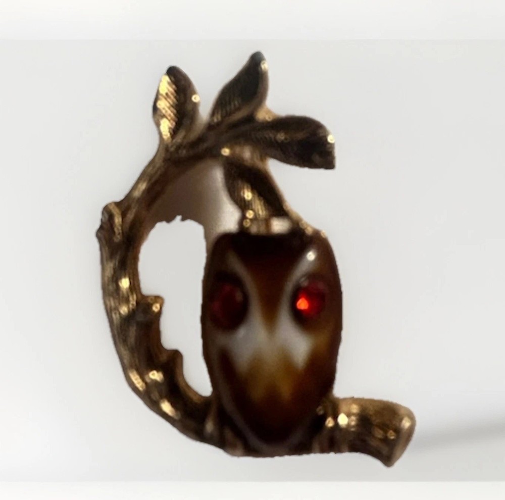 Gold Tone Owl on Branch Brooch Brown Cabochon Glass Body Red Eyes EMMONS