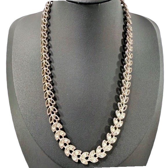 Rhinestone Leaf Link Necklace Women Silver Tone Elegant Vintage Style Jewelry