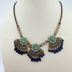 Vintage Antique Gold Tone Bib Necklace Floral Green Resin Navy Blue Bead Fringe