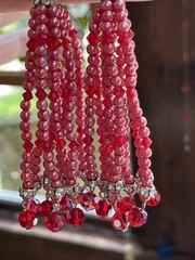 Vintage Super Long Dangle Drop Red Crystal Rivoli Pink Pearl Clip On Earrings