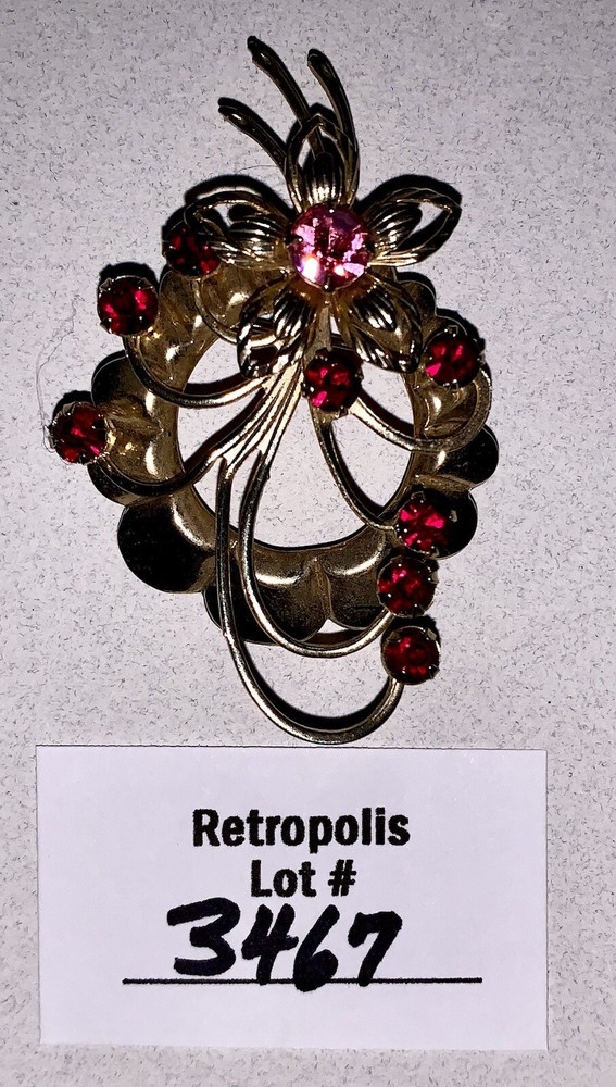 Red Pink Rhinestone Brooch Pin Vintage