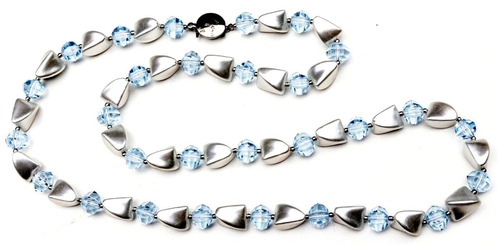Vintage White & Pastel Blue Acrylic Bead Necklace – 29″