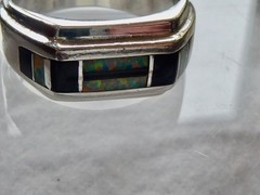 VINTAGE STERLING SILBER ONYX OPAL BAND RING SIZE 8.5 MAN MADE OPAL RING