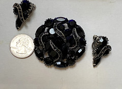 3 piece BIG Jet Black Stones Mourning Set Black Rhinestones Brooch Earrings Big!