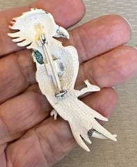Vintage Enamel Cockatoo Parrot Bird Brooch Colorful Amber Glass Cabochon Eye