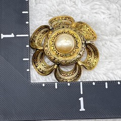 Vintage Ornate Etched Flower Brooch Faux Pearl Center C Clasp 1.5″