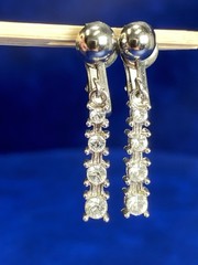 Vtg Silvertone 4 Rhinestone Linear Bezel Set Dangle Drop Clip On Estate Earrings