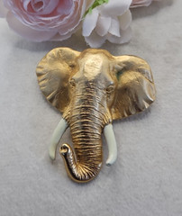 Vintage Elephant Brooch Pin Brushed Gold Tone Enamel Tusks Signed Animal Figural