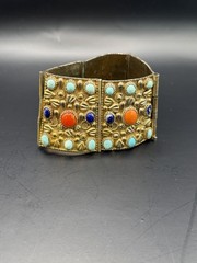 Vintage Egyptian Nepalese Style Bracelet Natural Turquois Lazuli Gold Tone