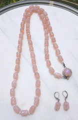 ANTIQUE MOLDED BERRY OPAL MILKY PINK OPALINE GLASS BEAD FLAPPER NECKLACE SET 3ft
