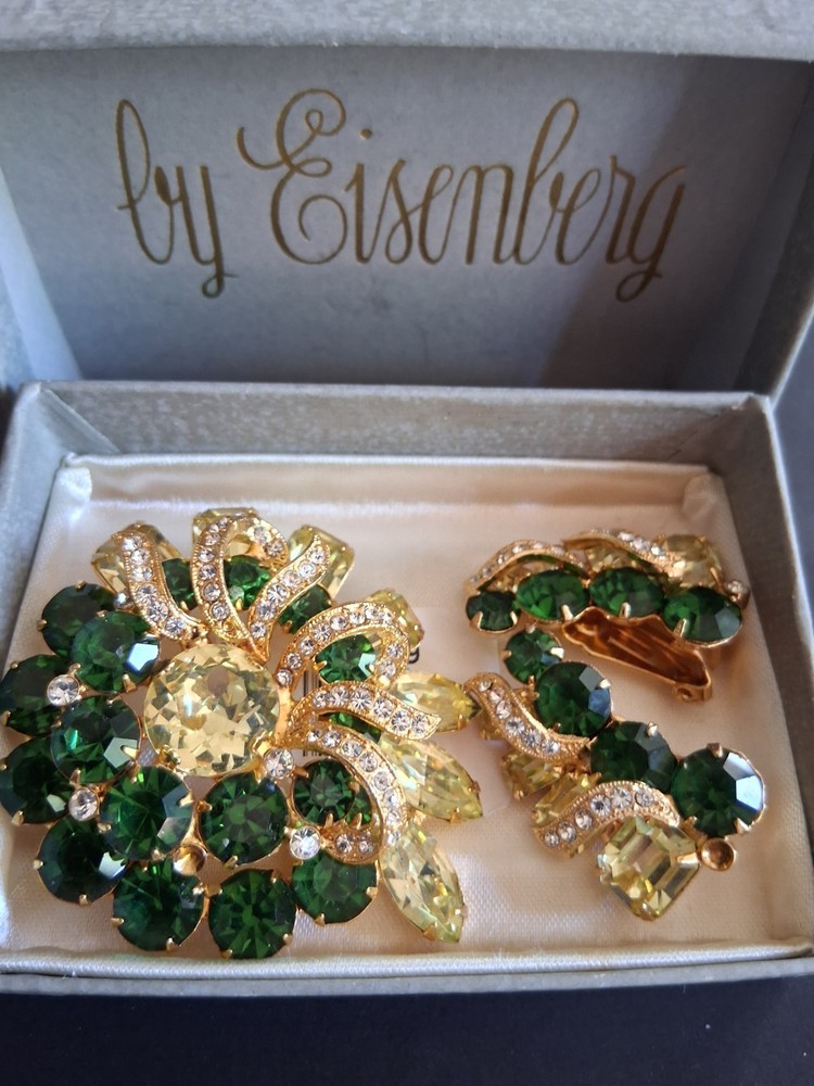 Vintage Eisenberg green yellow brooch & earrings set