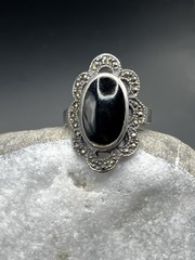 Vintage USSR 925 Silver Ring Black Stone Jewelry Size 7
