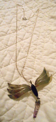 925 Sterling Silver bird Wings Bug Onyx & Amethyst Prism Brooch Pin on 18″ chain