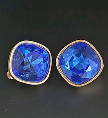 Vintage Mary Frost Crystal Royal Blue Gold Clip Earrings Statement Runway