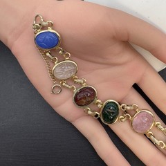Vintage Double‑Strand Scarab Bracelet Gold Tone Carved Stones Safety Chain 7in