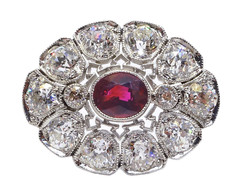 Platinum pin GIA natural No Heat oval ruby 1.03ct & 2.30ct Old European diamonds