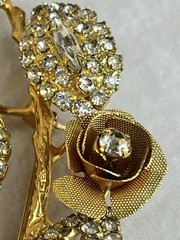 Vintage Flower Brooch with Rhinestone Leaves