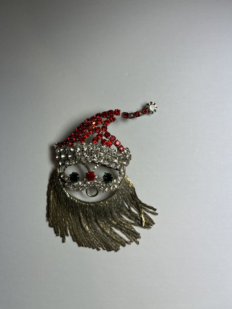 Vintage Rhinestone SANTA CLAUS Fringe Beard Face Christmas Brooch Pin 3.5”