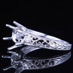 Solid 14K White Gold Diamond Ring 8mm Round Vintage Antique Semi Mount Setting