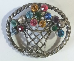 Antique Silver-tone Oval Flower Basket Brooch w/ Multicolor Gemstones, C-clasp