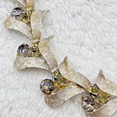 Vintage ART Signed Necklace Brushed Silver Tone Choker Smoky Topaz Rhinestones