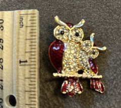 Enamel Rhinestone Red Clear Hoot Owl Birds Goldtone Brooch Pin Gift Boxed