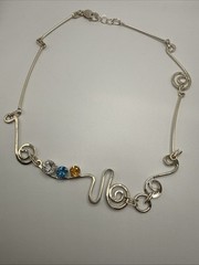 VTG Art Modern 925 Sterling Silver Multi Gemstone Necklace.38.6 Grams. 22.5”Long