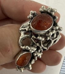 Vintage Modernist Brutalist Ring Amber Resin Cabochon Abstract Size 7.5