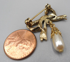 Victorian Revival Embossed Bow Brooch w Pendant Teardrop Faux Pearl Drop 1.25″