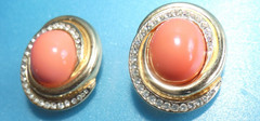 Vintage Signed Ciner Goldtone Rhinestone Faux Coral Clip-on Earrings 1970’s