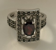 Sterling Silver Art Deco Garnet & Marcasite Filigree Ring Size 7