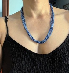 Natural Nepal Glass Seed Bead Multi Strand Necklace. Iridescent Peacock Blue 22″