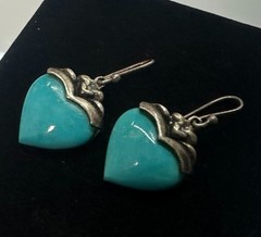 Heart Dangle Earrings Blue Stone Inlay Thailand Vintage Sterling Silver 925 #9