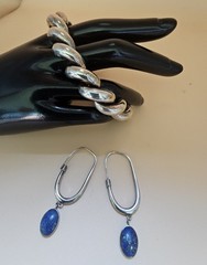 Vintage Sterling Silver Lapis Lazuli Drop Hoop Earrings Artisan Modernist J…
