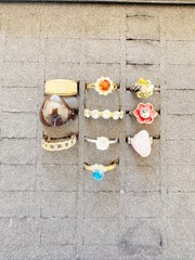 Vintage Gold Tone Ring Lot 10pc Rhinestone Faux Pearl Geometric Stackable Mixed