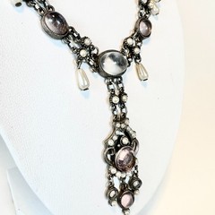 Vintage Moonstone Rhinestone Simulated Pearl Necklace Victorian Poured Glass